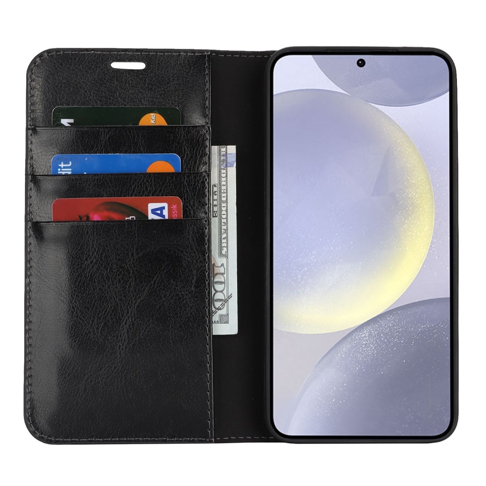 Coque portefeuille en cuir Veritable Samsung Galaxy S25 Plus, Noir