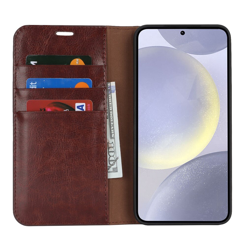 Coque portefeuille en cuir Veritable Samsung Galaxy S25 Plus, Marron foncé