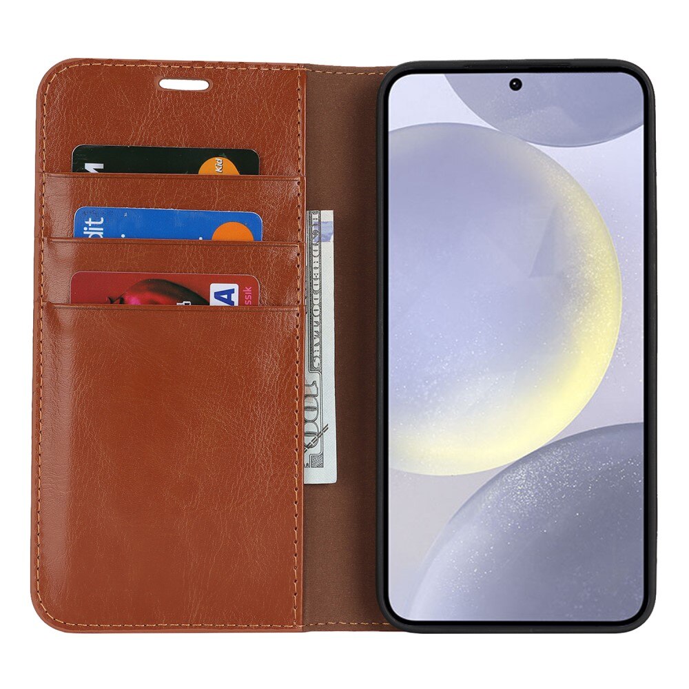 Coque portefeuille en cuir Veritable Samsung Galaxy S25 Plus, Marron