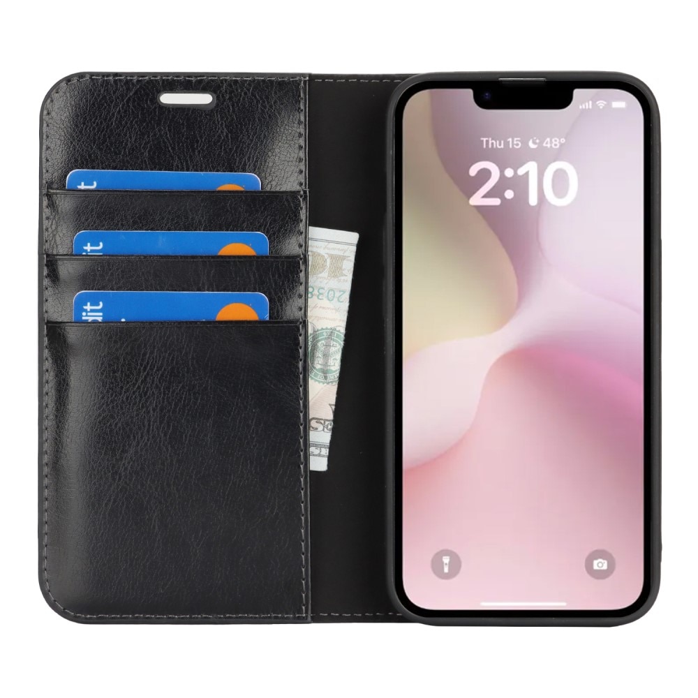 Coque portefeuille en cuir Veritable iPhone 16e, Noir
