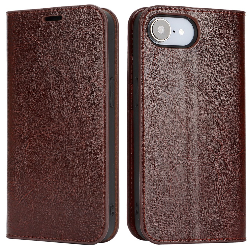 Coque portefeuille en cuir Veritable iPhone 16e, Marron foncé