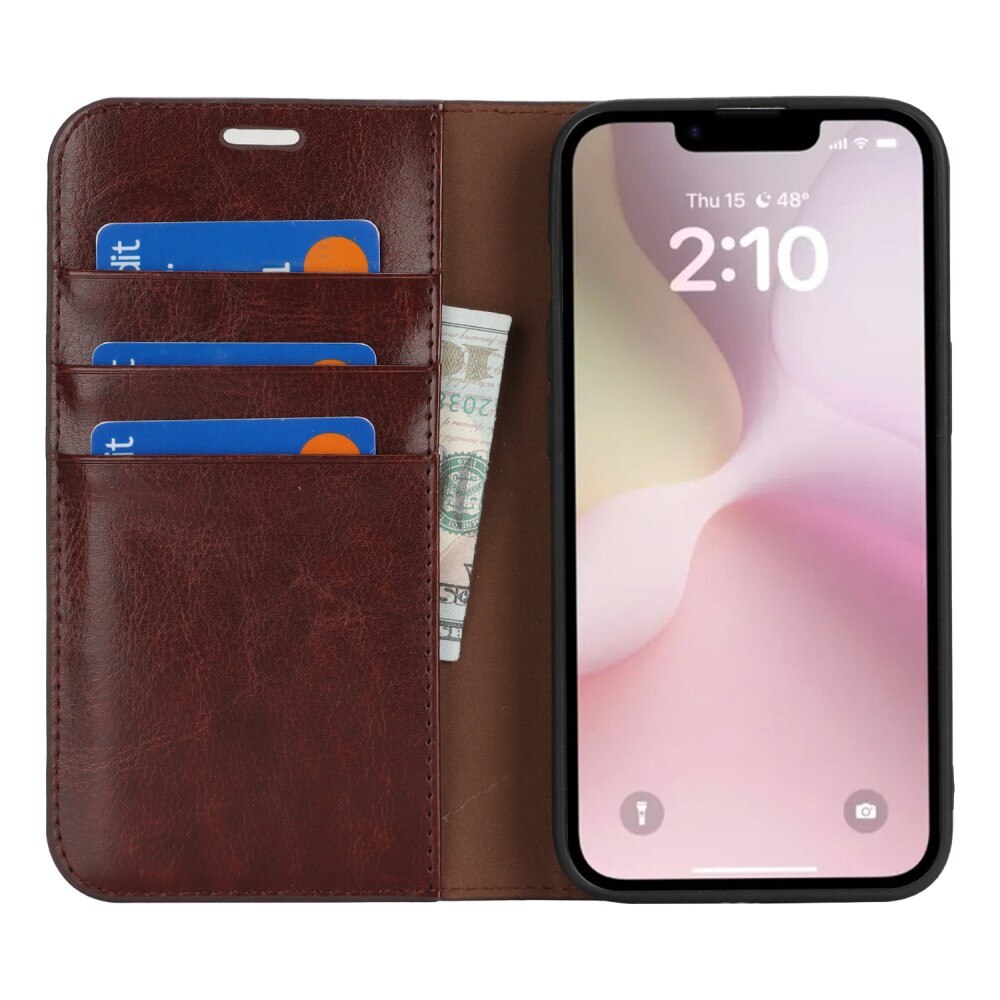 Coque portefeuille en cuir Veritable iPhone 16e, Marron foncé