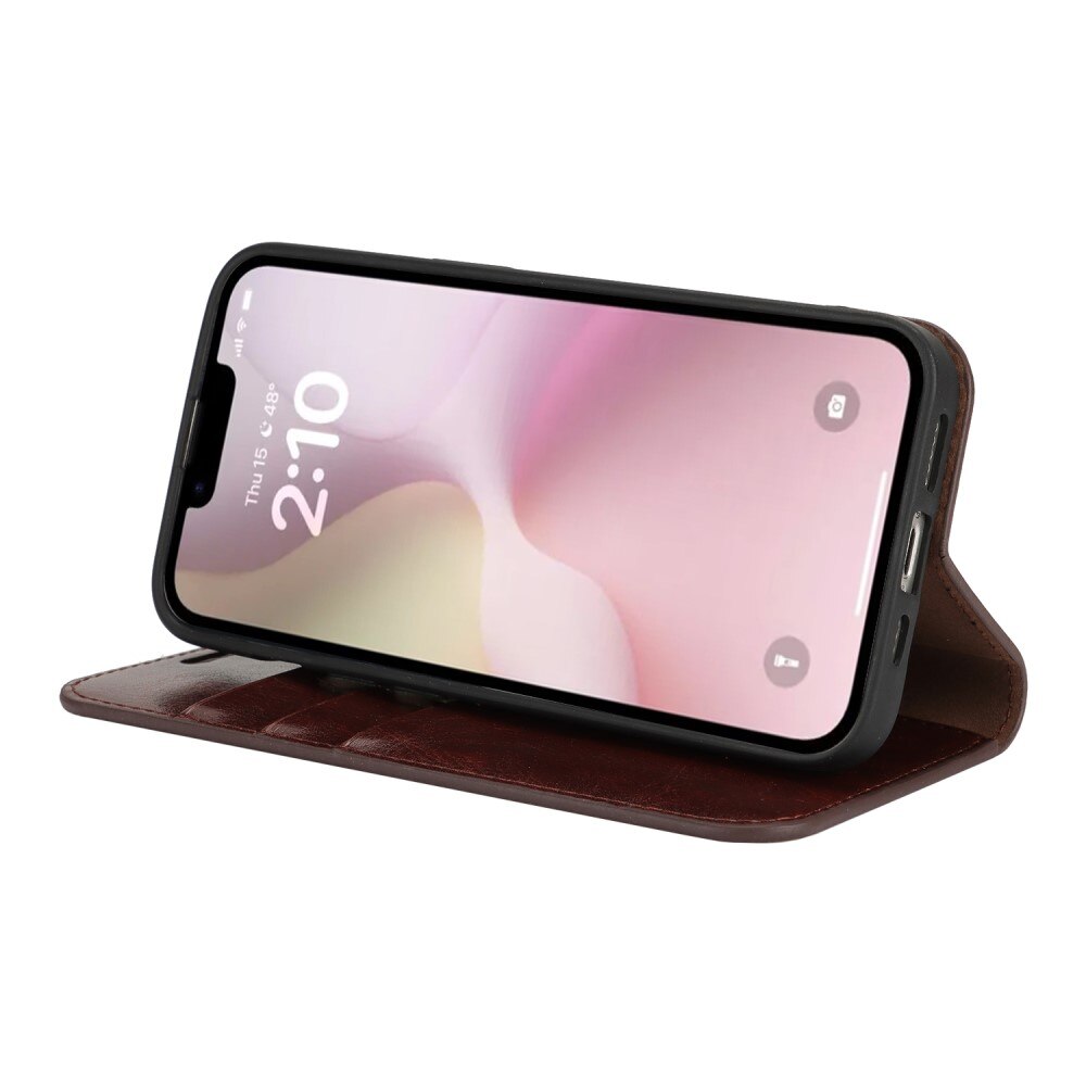 Coque portefeuille en cuir Veritable iPhone 16e, Marron foncé