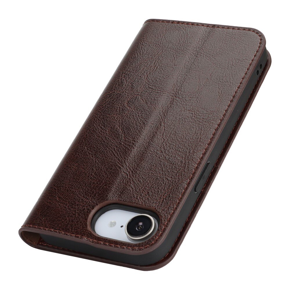 Coque portefeuille en cuir Veritable iPhone 16e, Marron foncé
