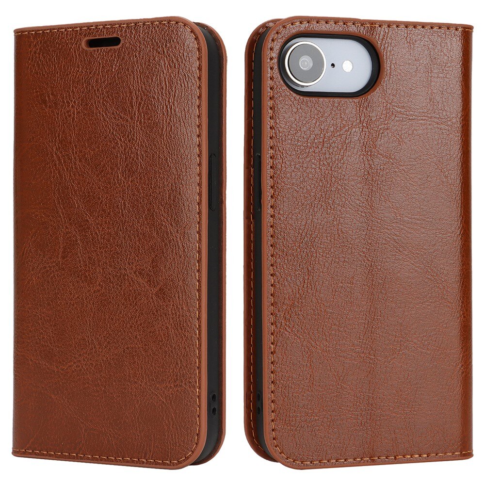 Coque portefeuille en cuir Veritable iPhone 16e, Marron
