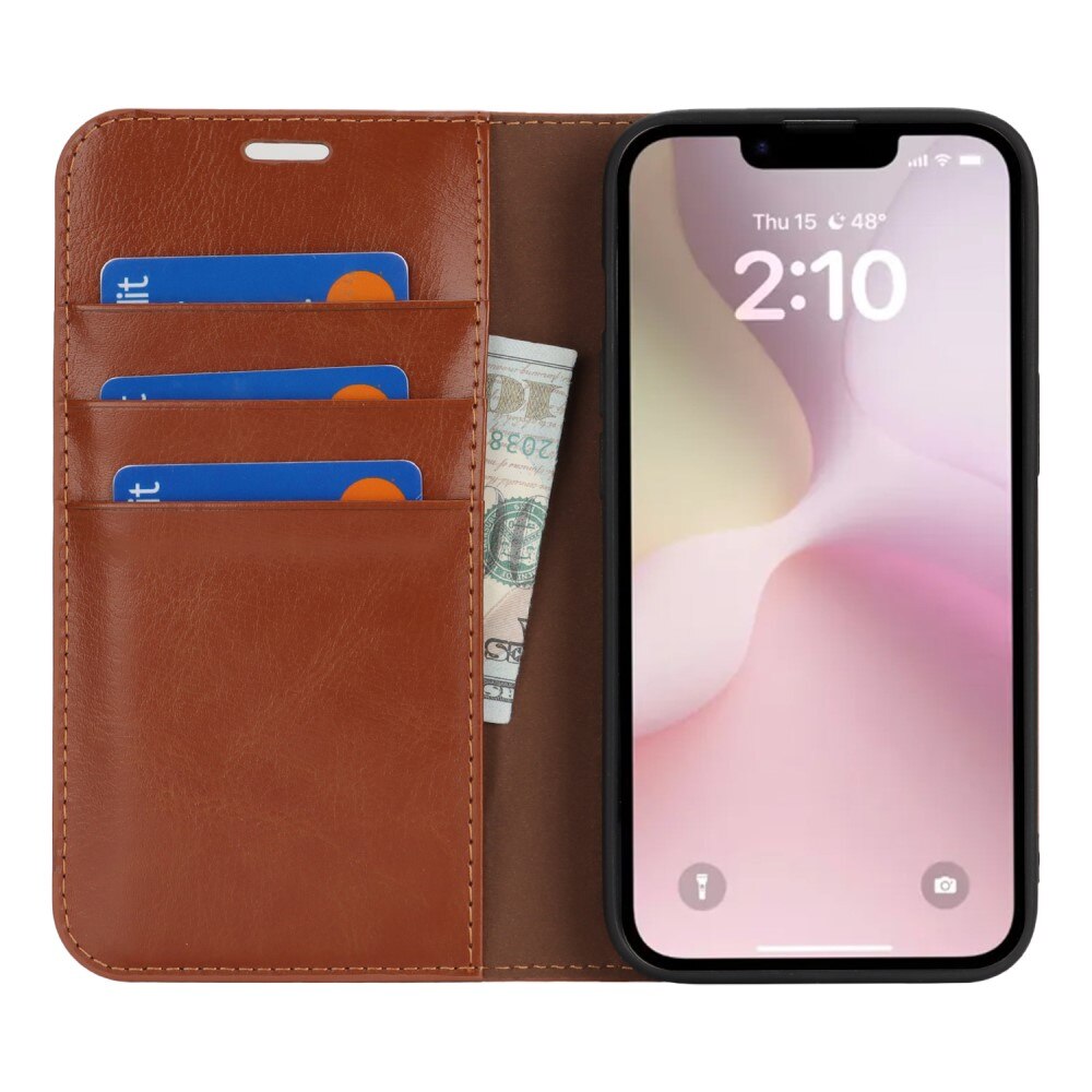 Coque portefeuille en cuir Veritable iPhone 16e, Marron