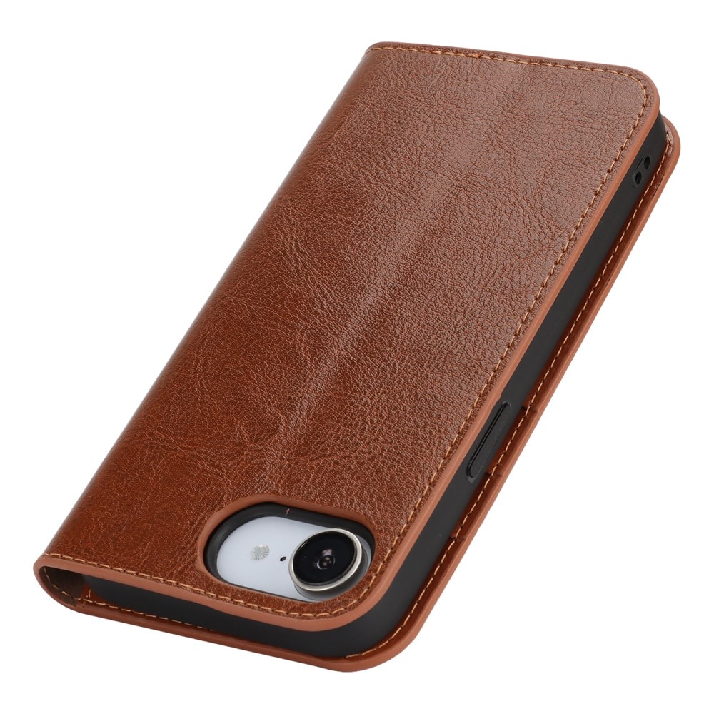 Coque portefeuille en cuir Veritable iPhone 16e, Marron