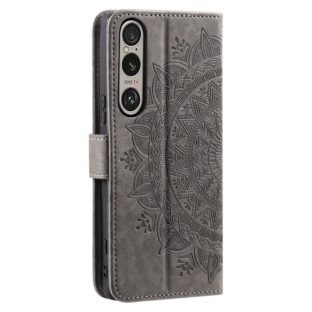 Étui en cuir Mandala Sony Xperia 1 VII, Gris