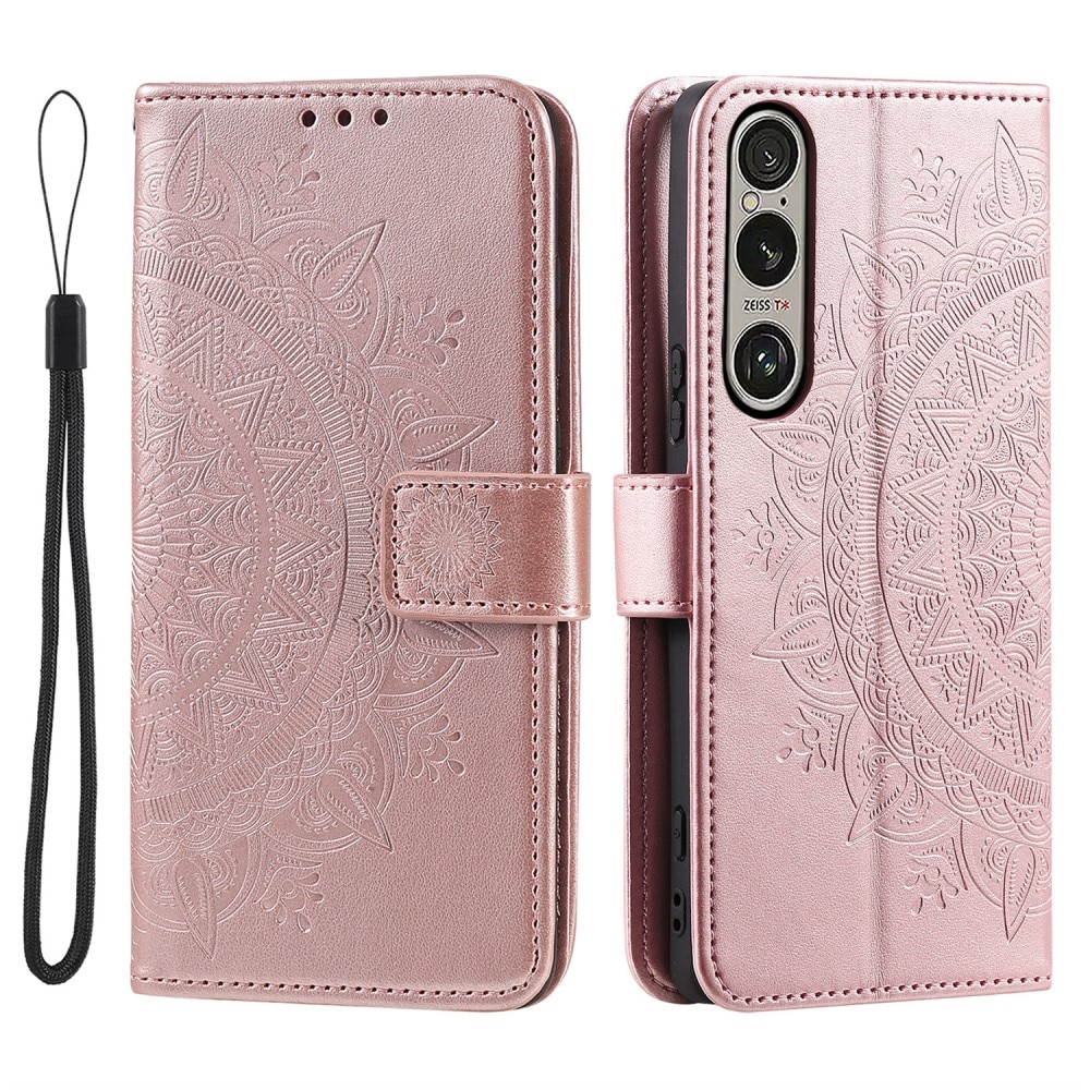 Étui en cuir Mandala Sony Xperia 1 VII, Or rose