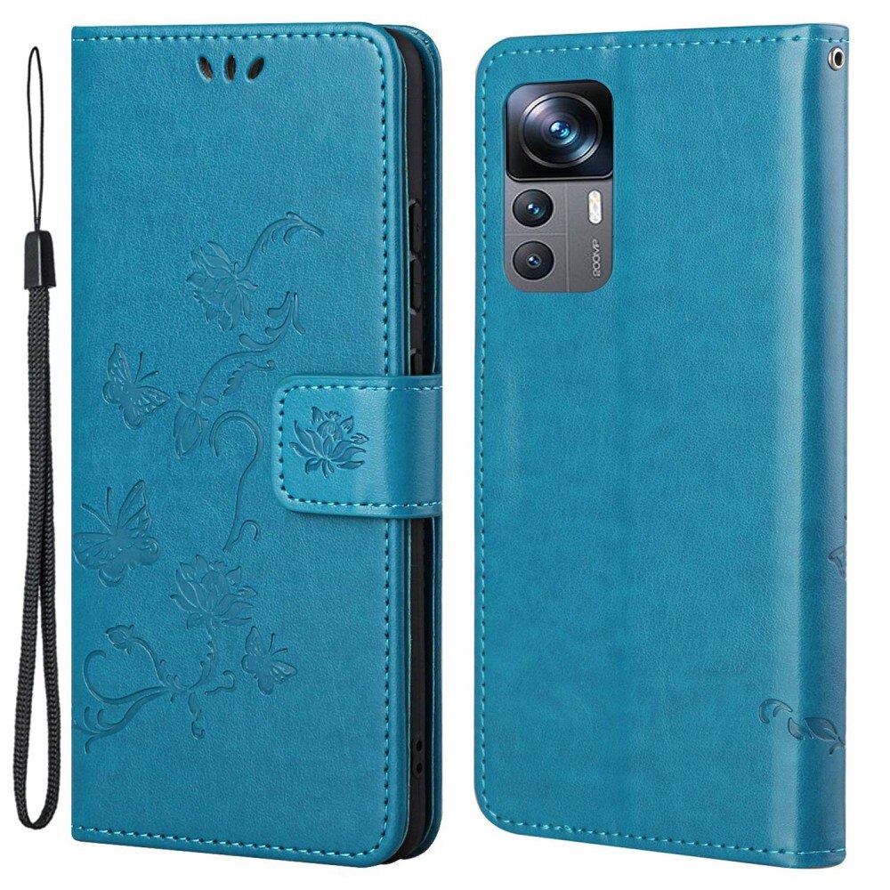 Étui en cuir à papillons pour Xiaomi 12T/12T Pro, Bleu