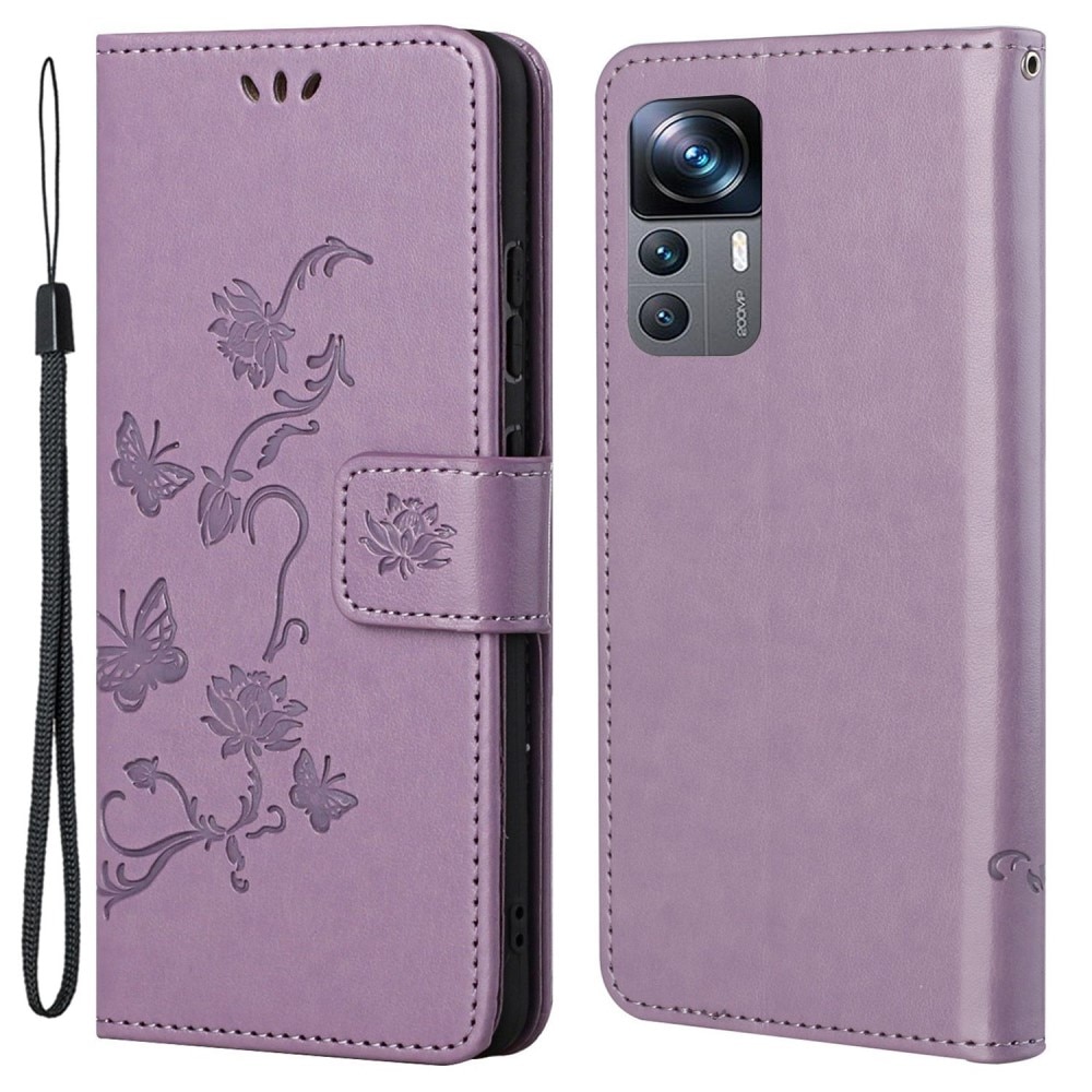 Étui en cuir à papillons pour Xiaomi 12T/12T Pro, Violet