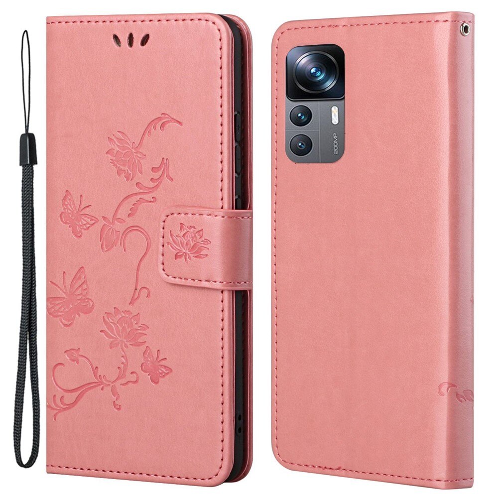 Étui en cuir à papillons pour Xiaomi 12T/12T Pro, Rose