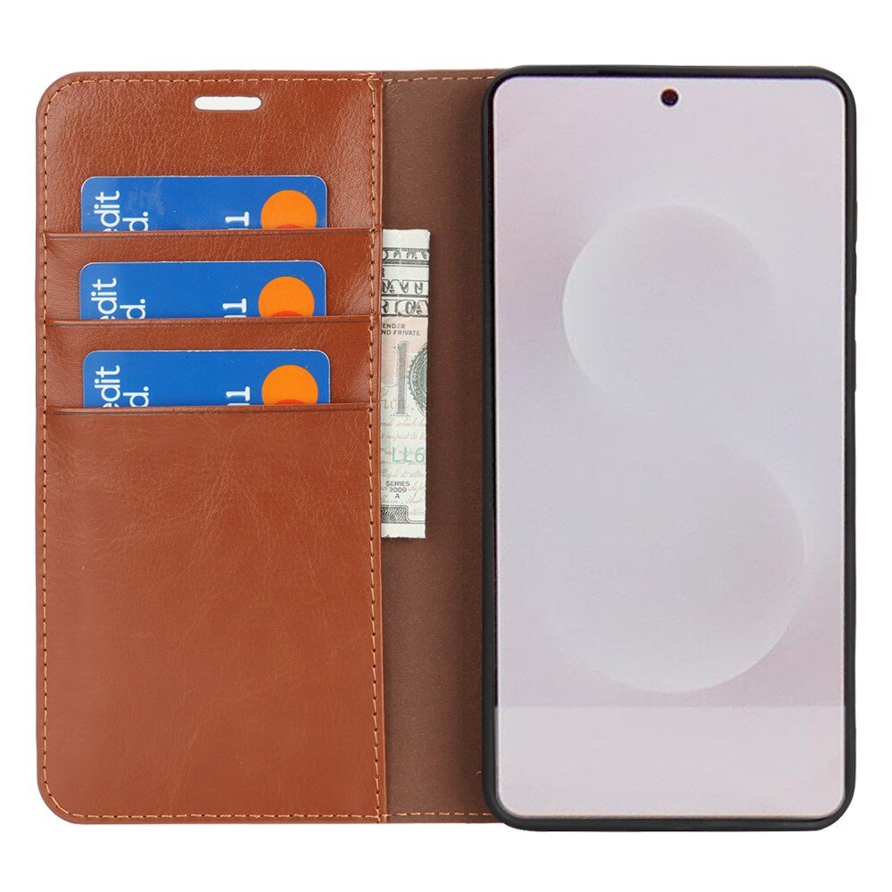 Coque portefeuille en cuir Veritable Samsung Galaxy S25 Edge, Marron