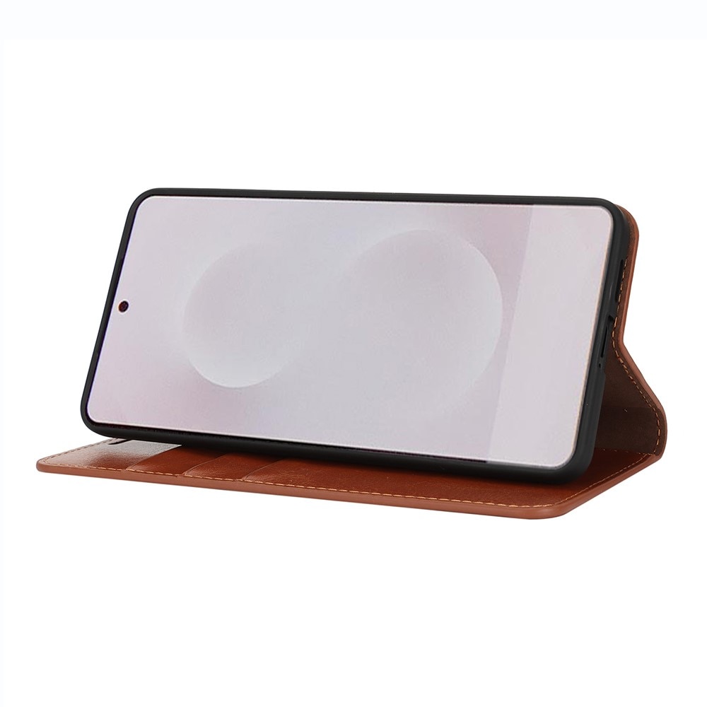 Coque portefeuille en cuir Veritable Samsung Galaxy S25 Edge, Marron