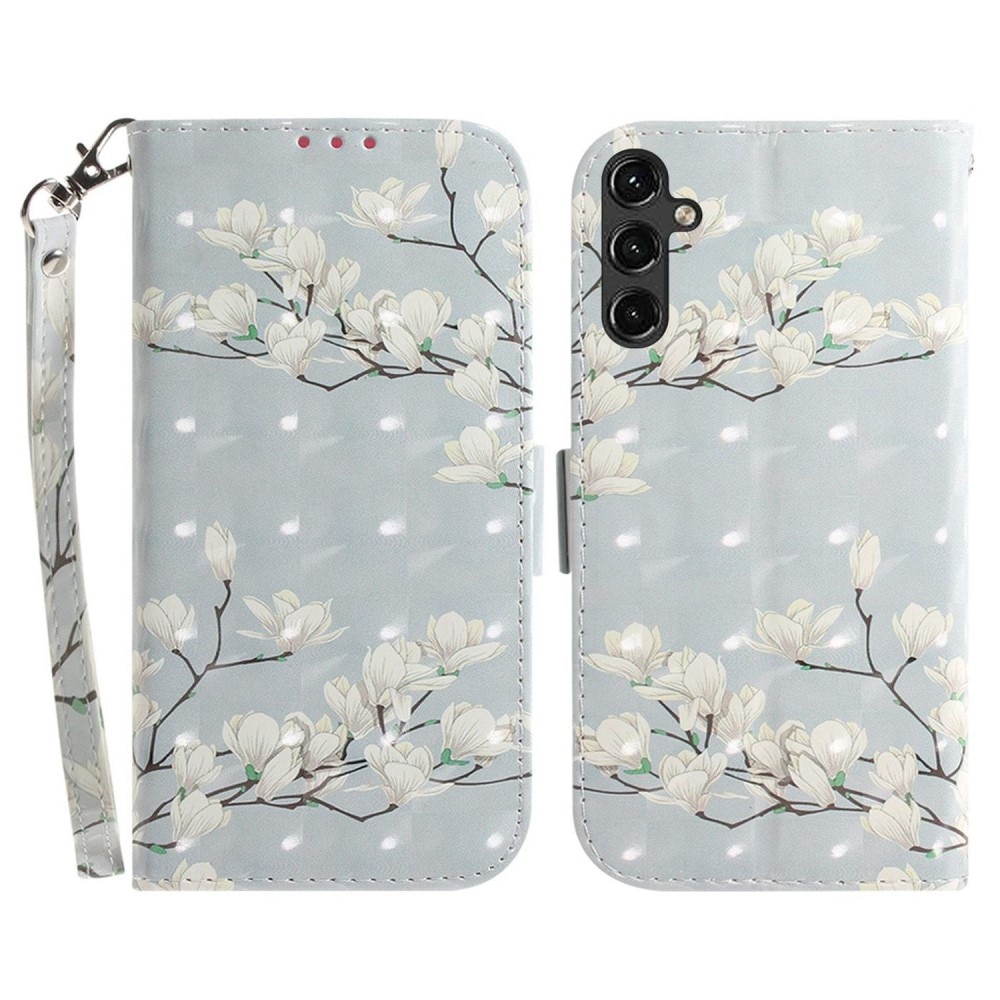 Coque portefeuille 3D Samsung Galaxy A14, fleurs blanches