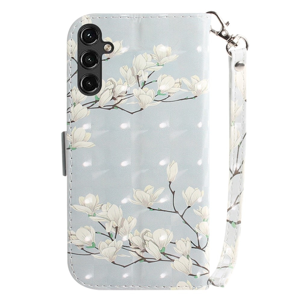 Coque portefeuille 3D Samsung Galaxy A14, fleurs blanches