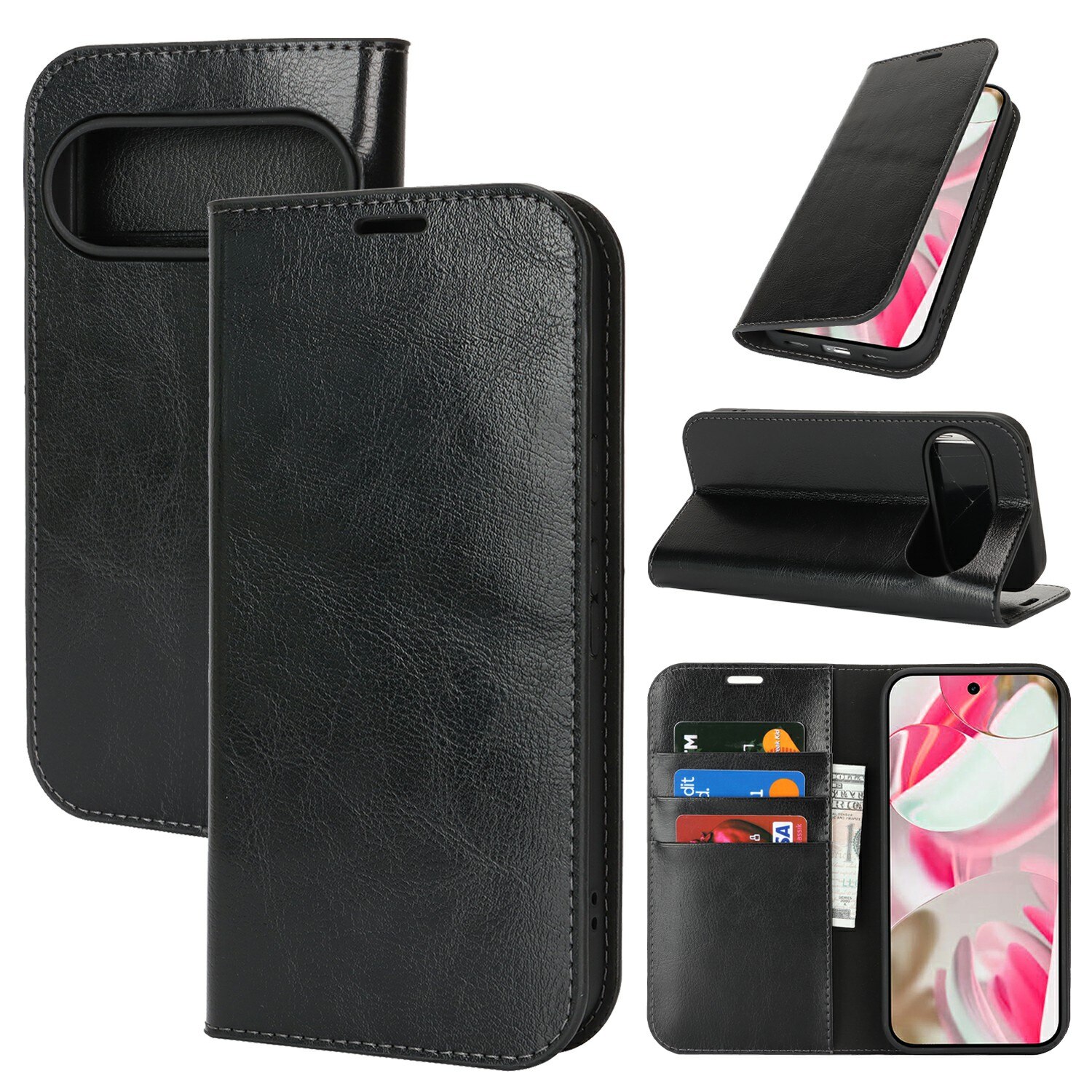 Coque portefeuille en cuir Veritable Google Pixel 10 Pro, Noir