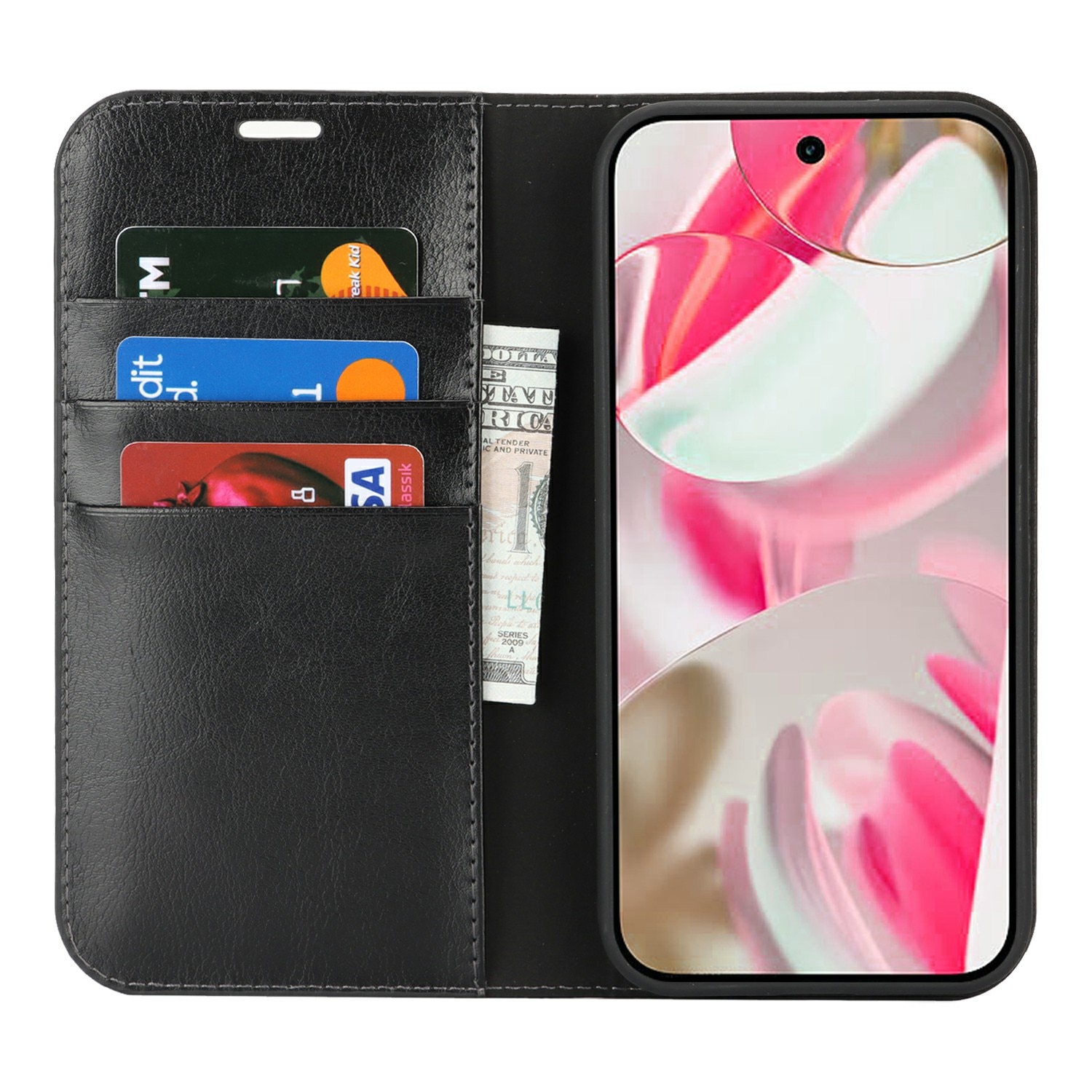 Coque portefeuille en cuir Veritable Google Pixel 10, Noir