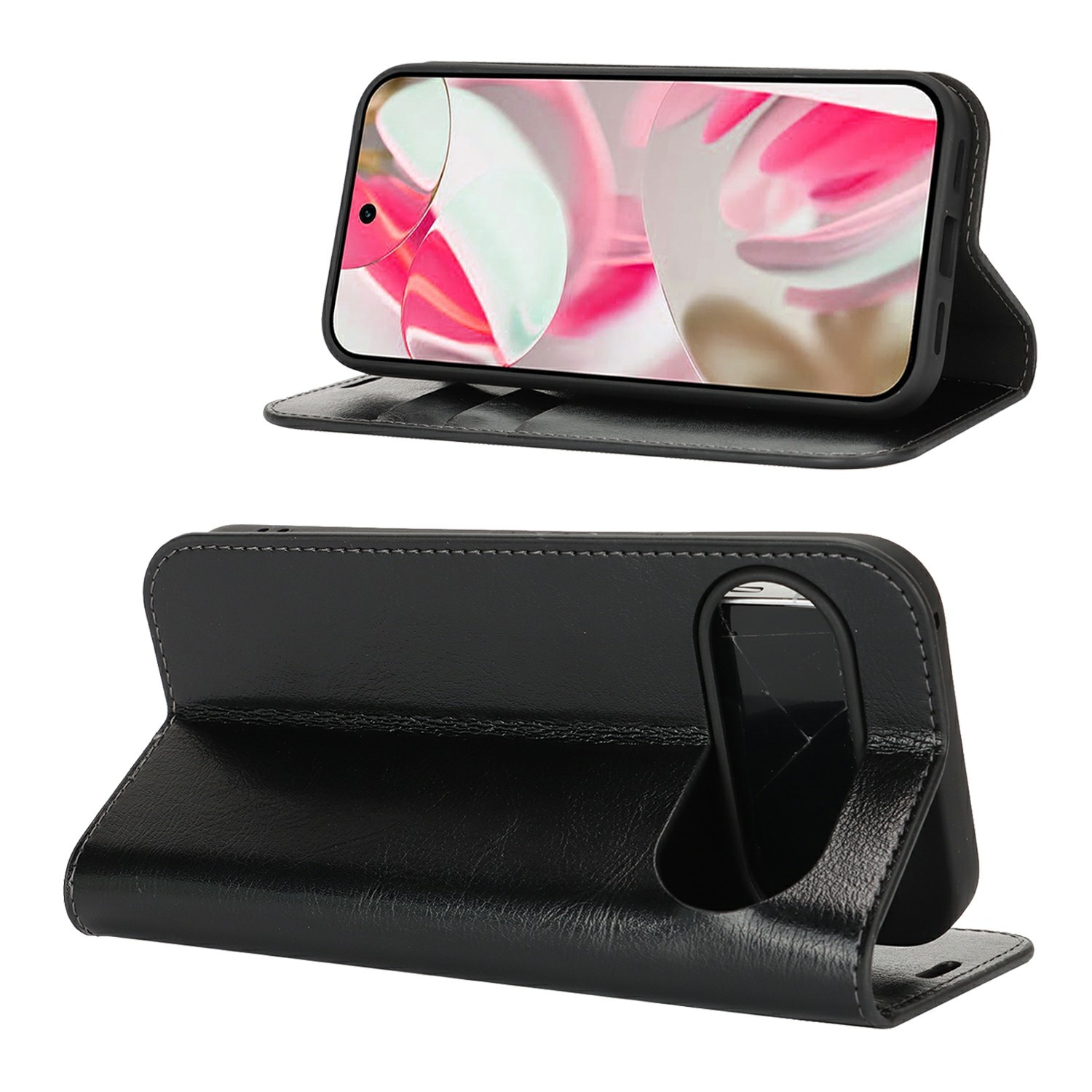 Coque portefeuille en cuir Veritable Google Pixel 10, Noir