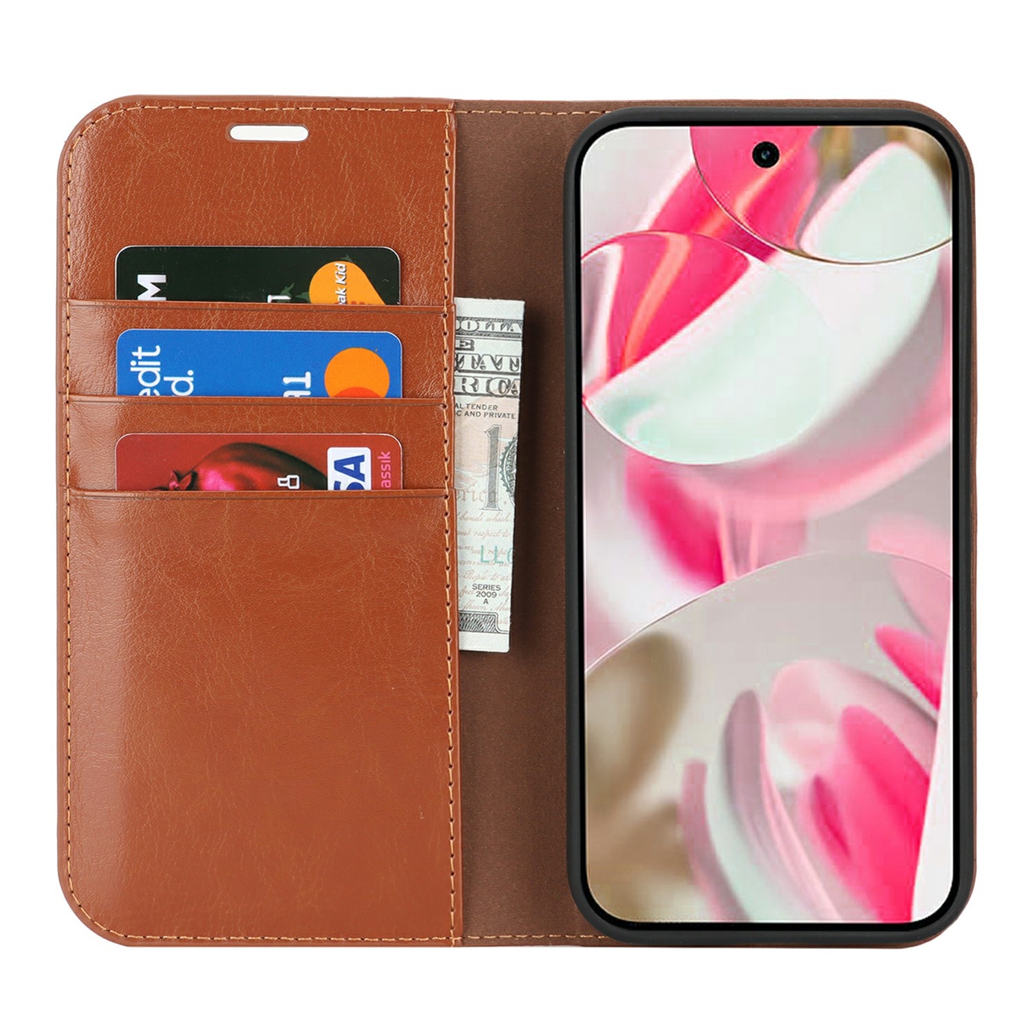 Coque portefeuille en cuir Veritable Google Pixel 10, Marron