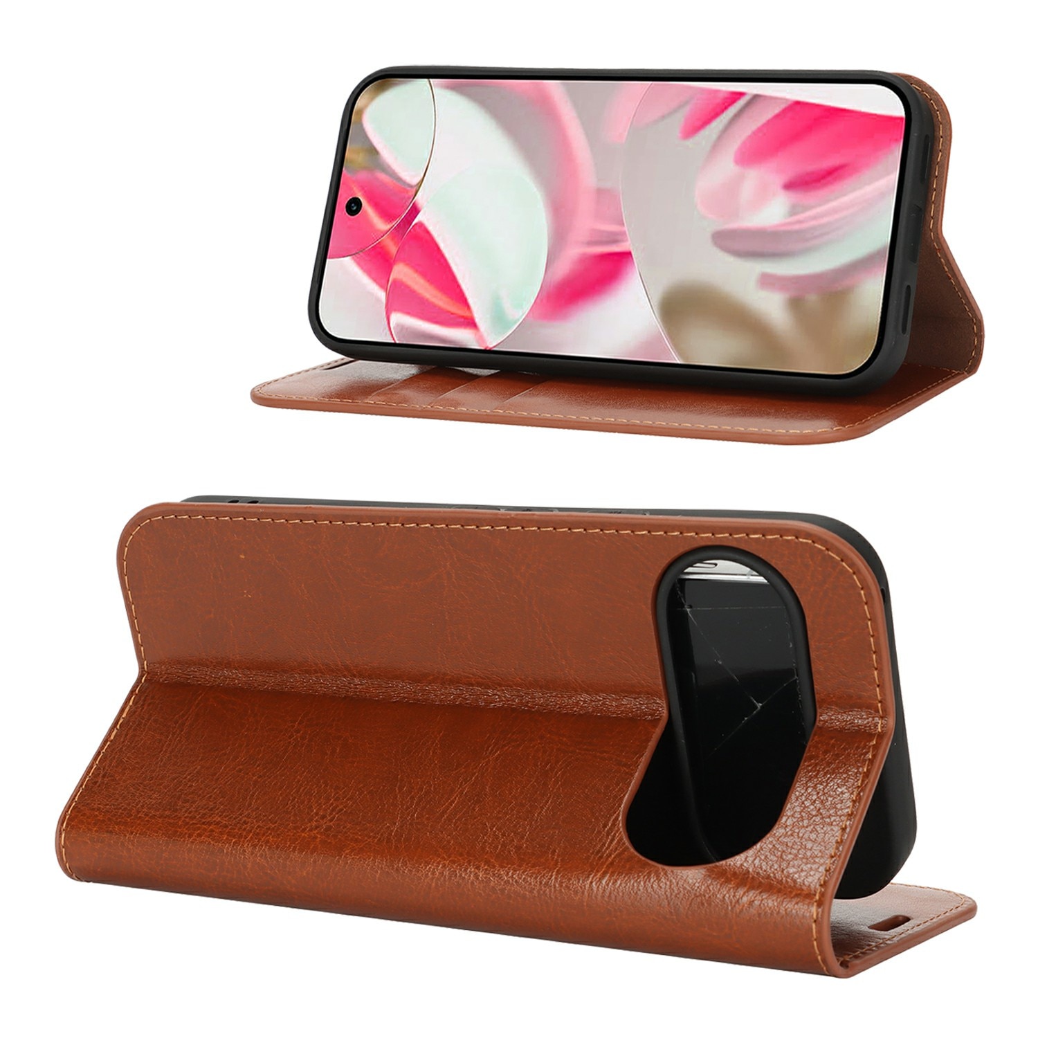 Coque portefeuille en cuir Veritable Google Pixel 10, Marron
