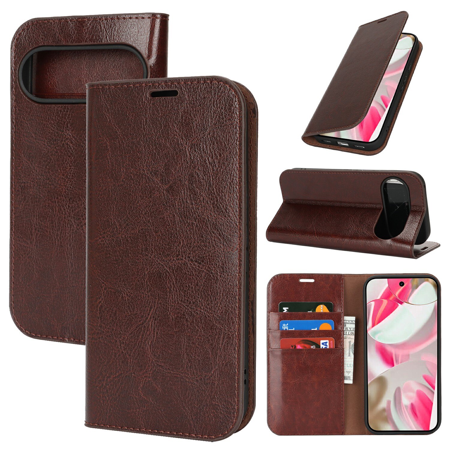 Coque portefeuille en cuir Veritable Google Pixel 10 Pro, Marron foncé