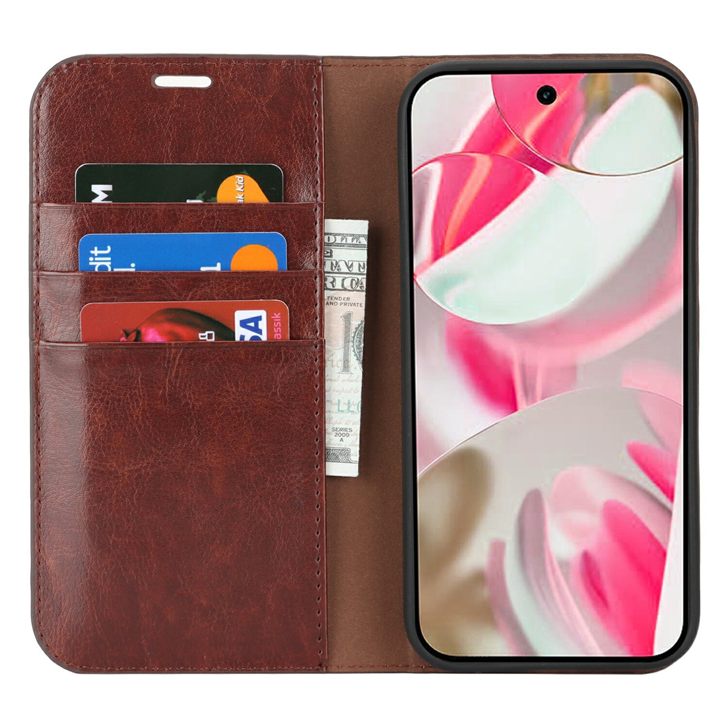 Coque portefeuille en cuir Veritable Google Pixel 10, Marron foncé