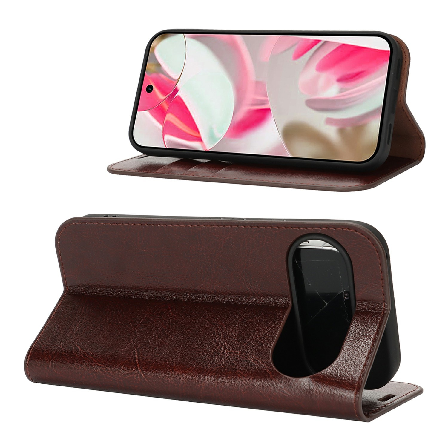Coque portefeuille en cuir Veritable Google Pixel 10, Marron foncé