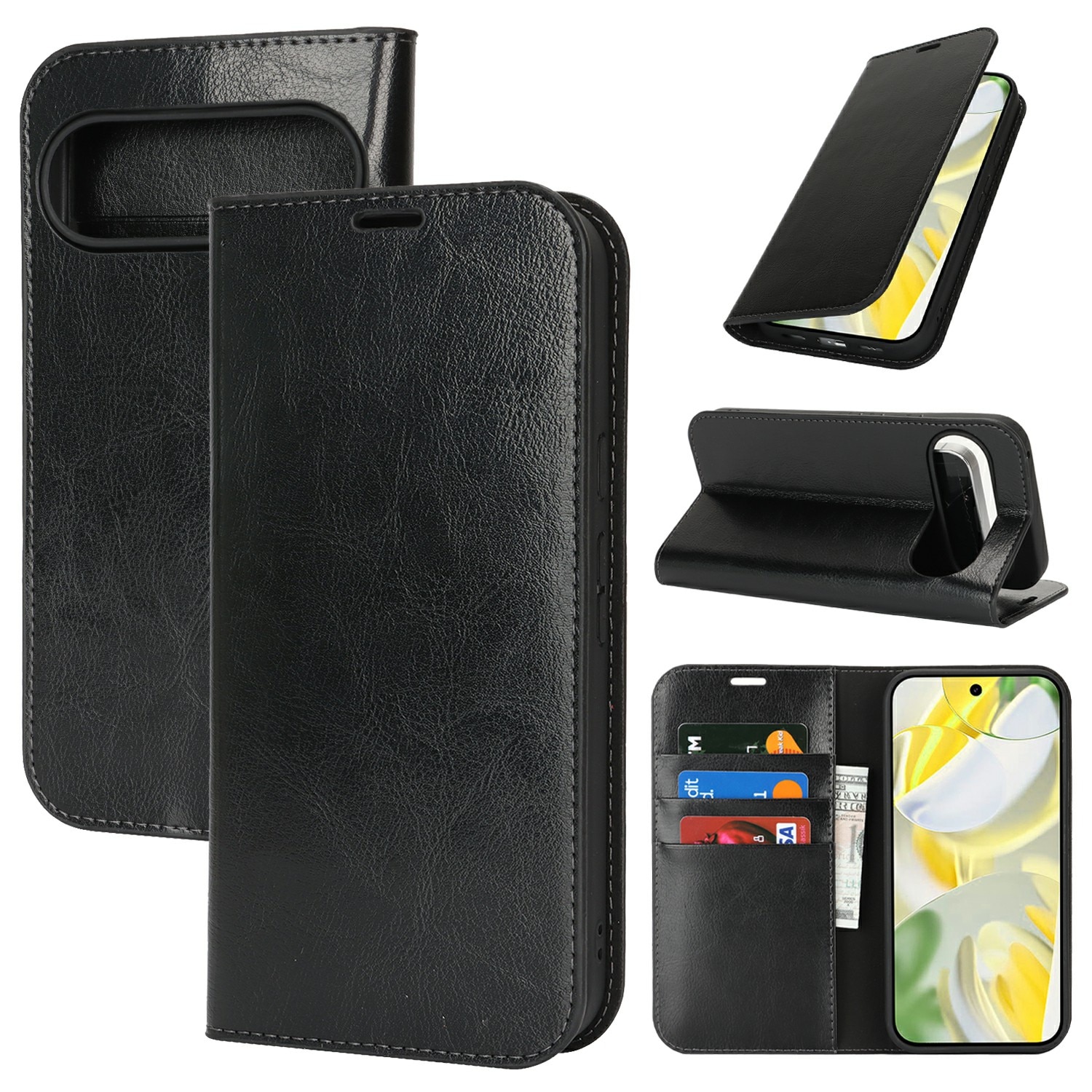 Coque portefeuille en cuir Veritable Google Pixel 10 Pro XL, Noir