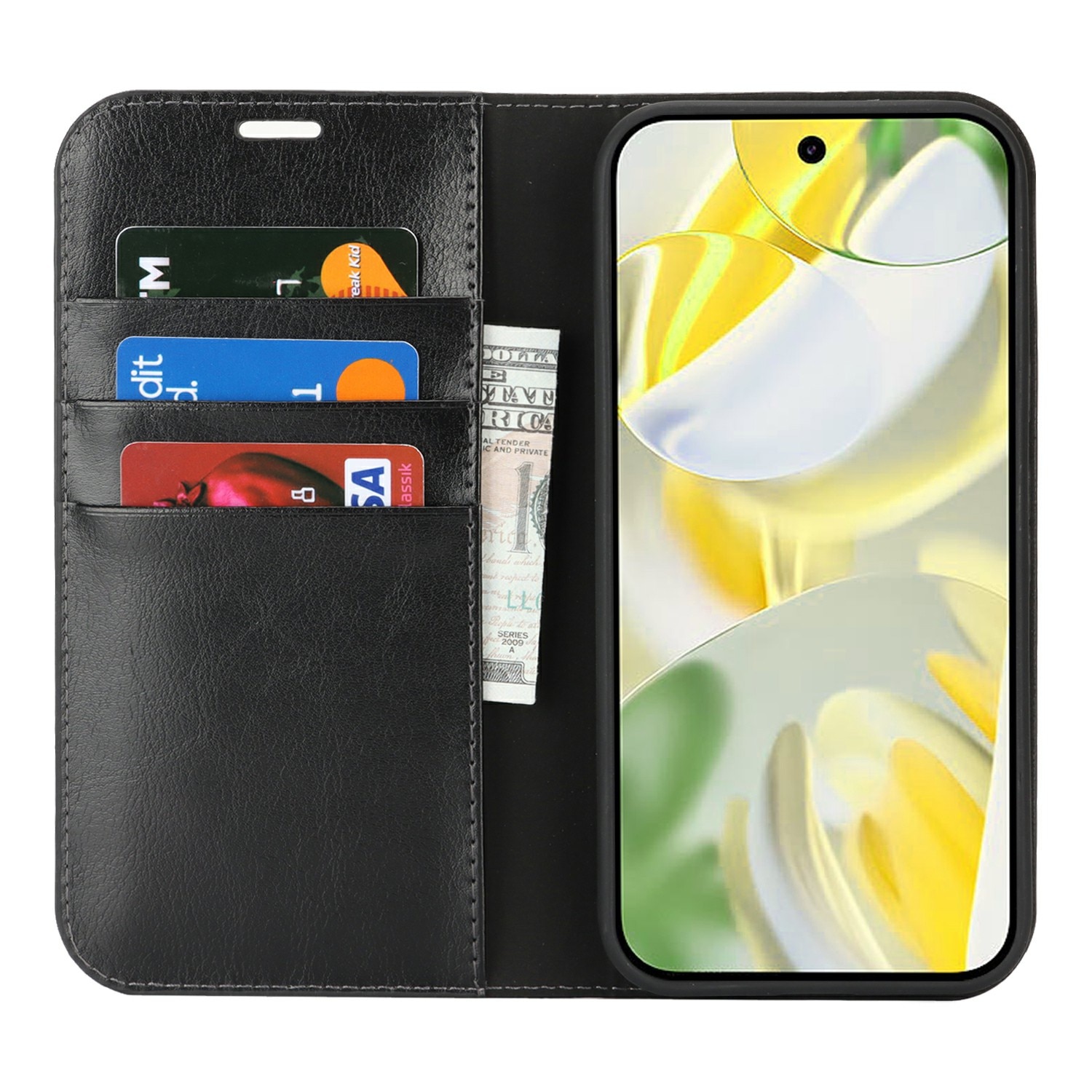Coque portefeuille en cuir Veritable Google Pixel 10 Pro XL, Noir