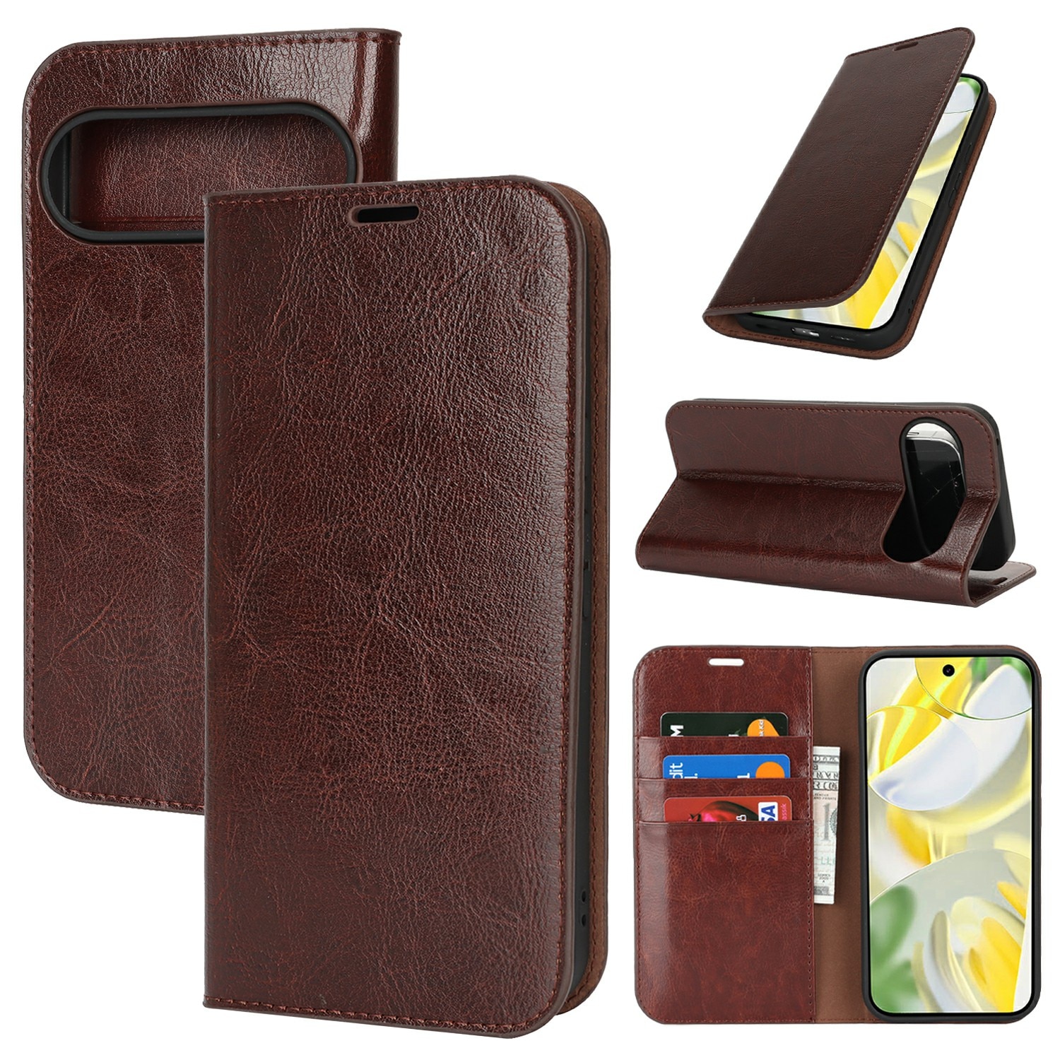 Coque portefeuille en cuir Veritable Google Pixel 10 Pro XL, Marron foncé