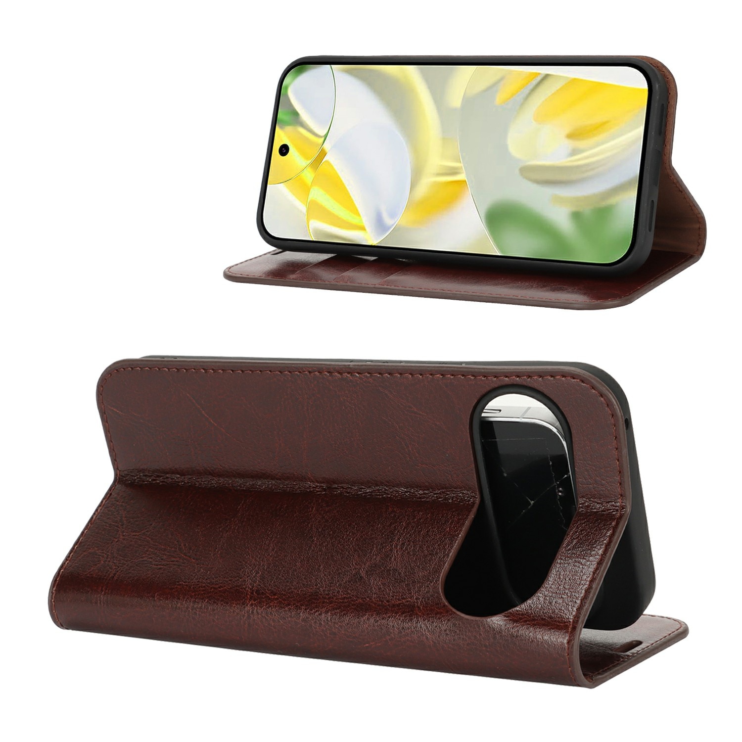 Coque portefeuille en cuir Veritable Google Pixel 10 Pro XL, Marron foncé