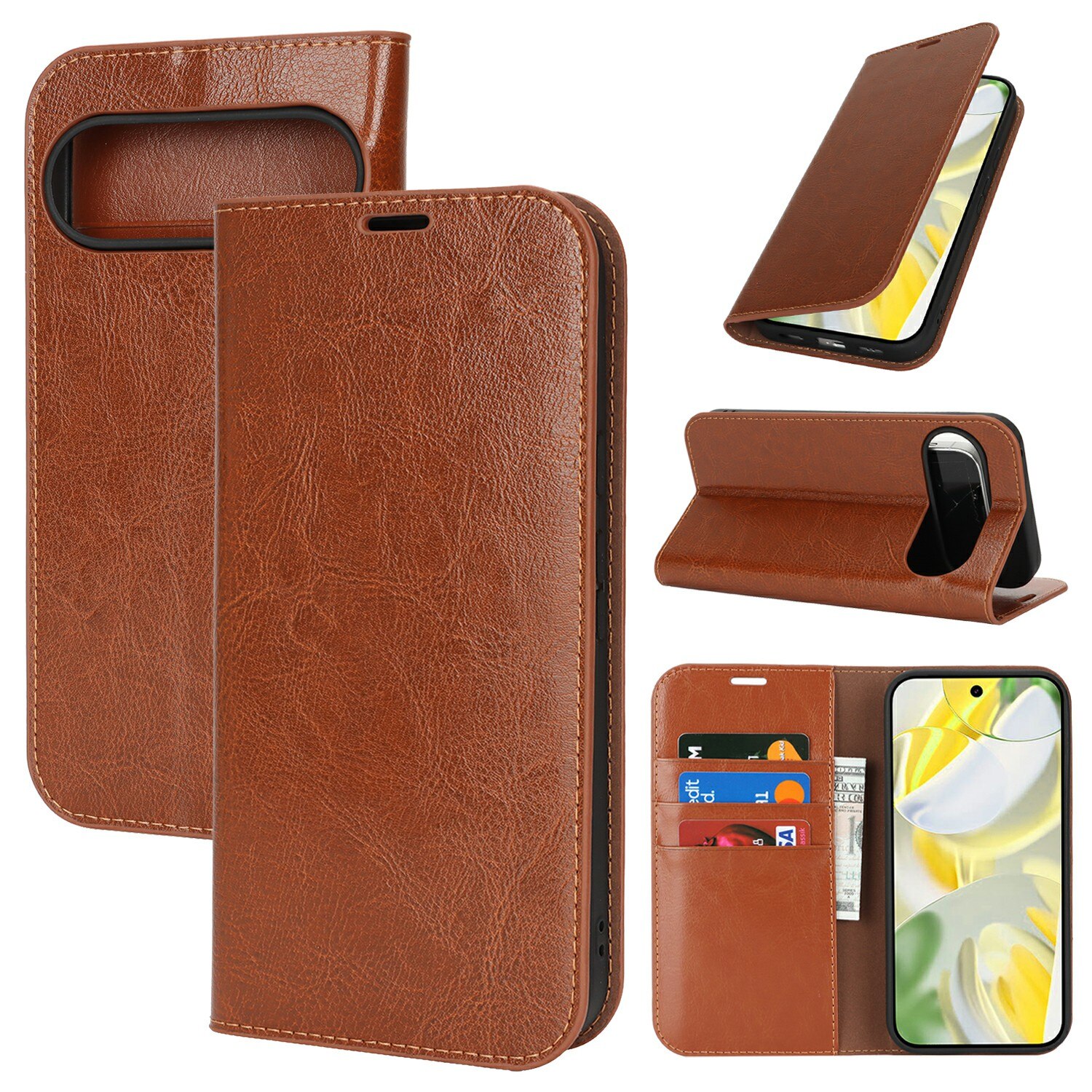 Coque portefeuille en cuir Veritable Google Pixel 10 Pro XL, Marron