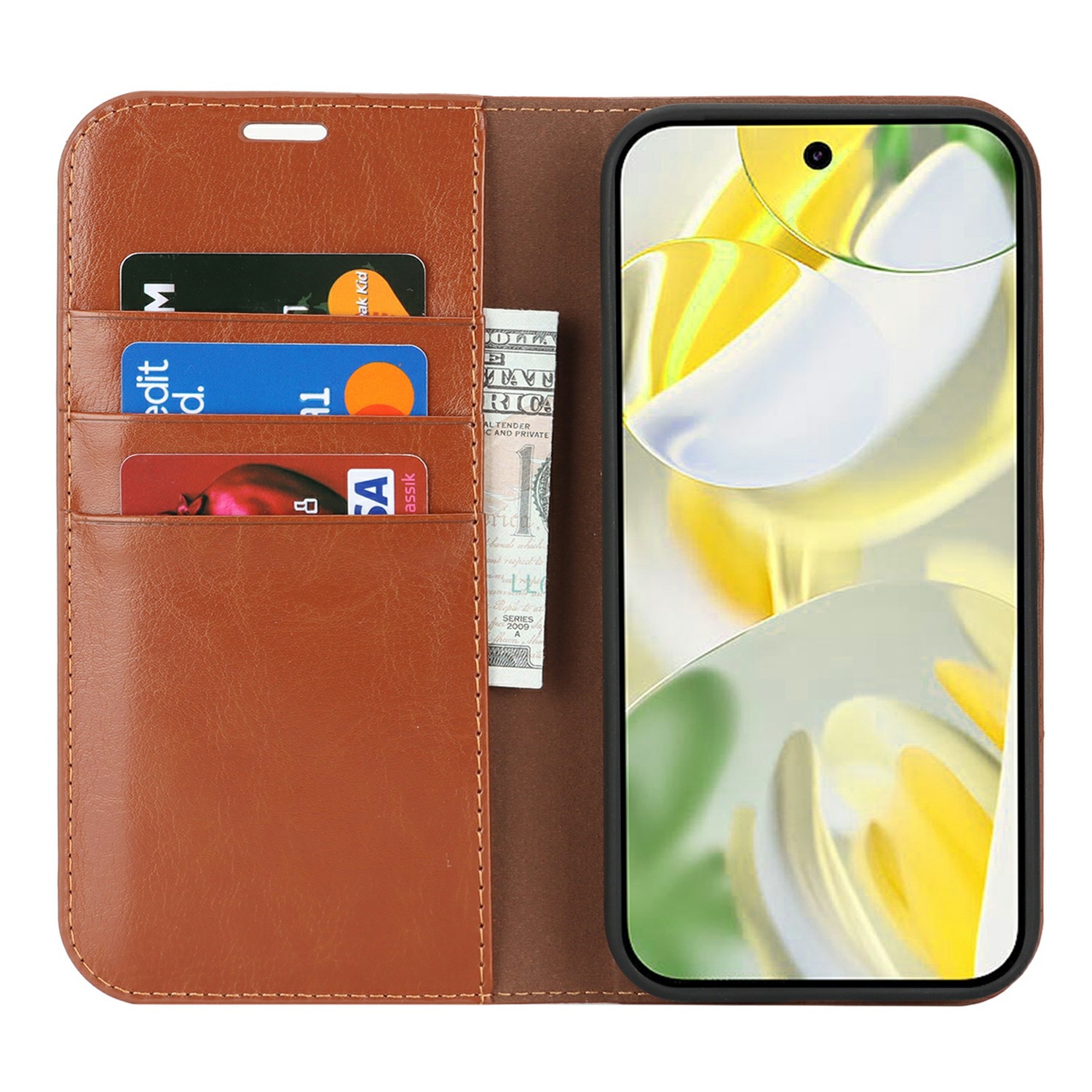Coque portefeuille en cuir Veritable Google Pixel 10 Pro XL, Marron