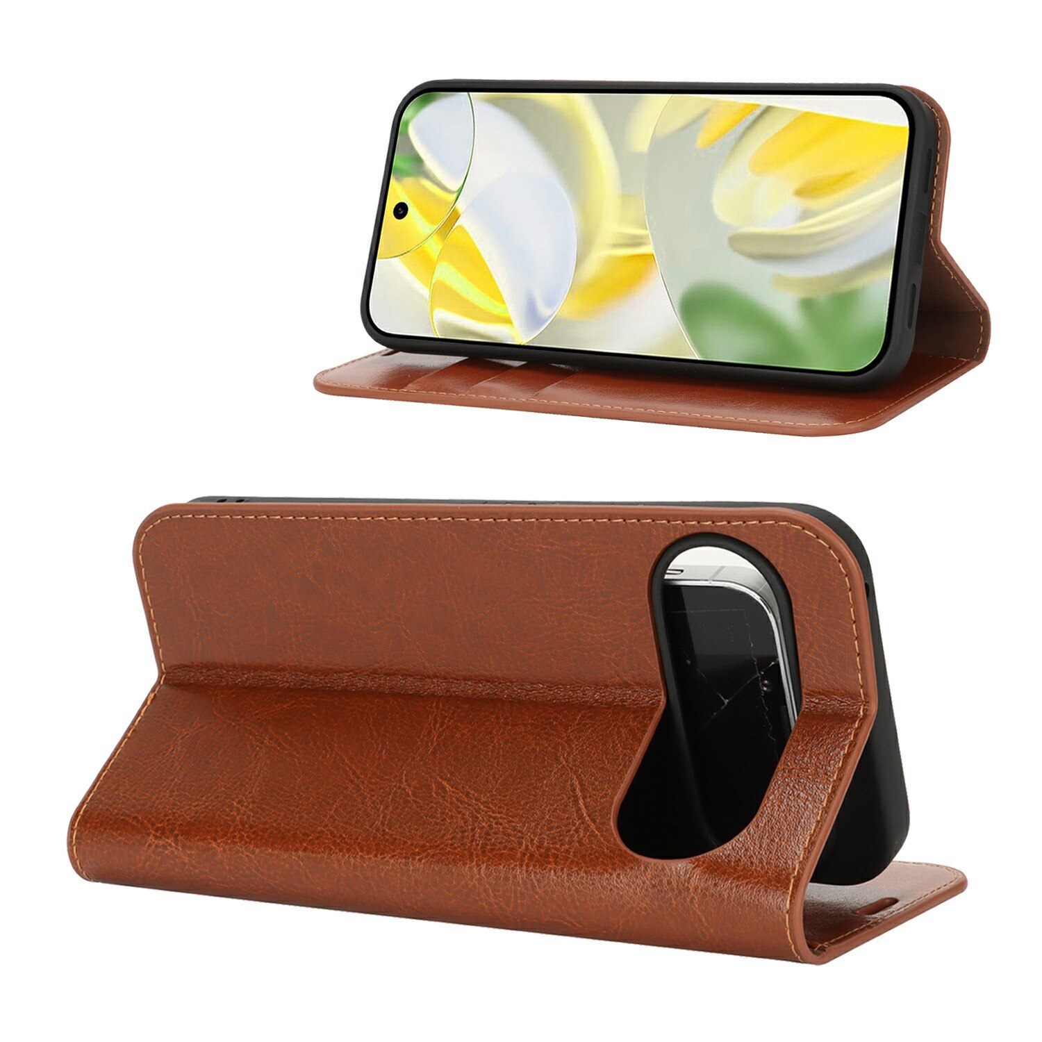 Coque portefeuille en cuir Veritable Google Pixel 10 Pro XL, Marron