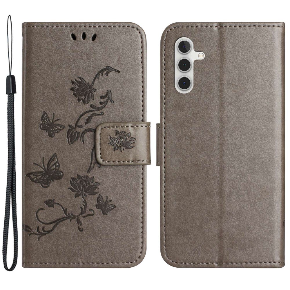 Étui en cuir à papillons pour Samsung Galaxy A14, Gris