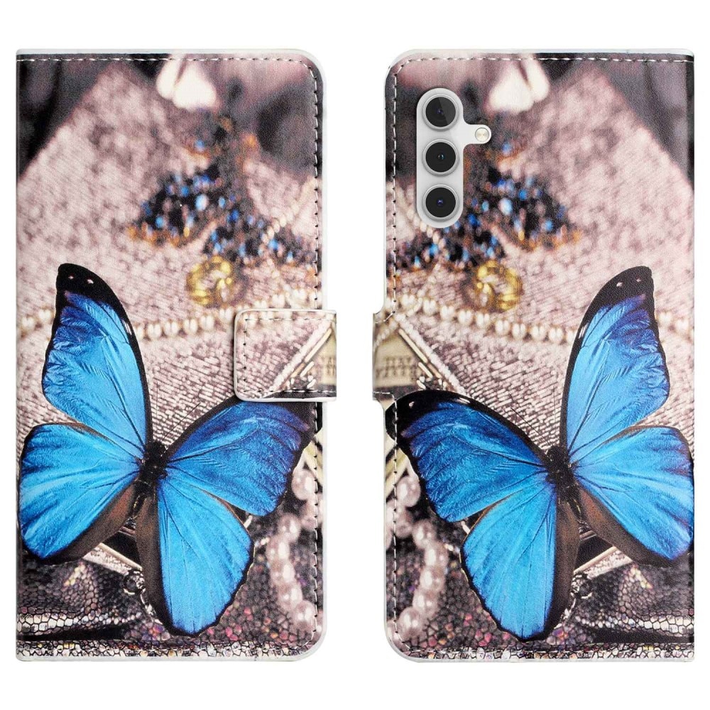 Étui portefeuille Samsung Galaxy A14, papillon bleu