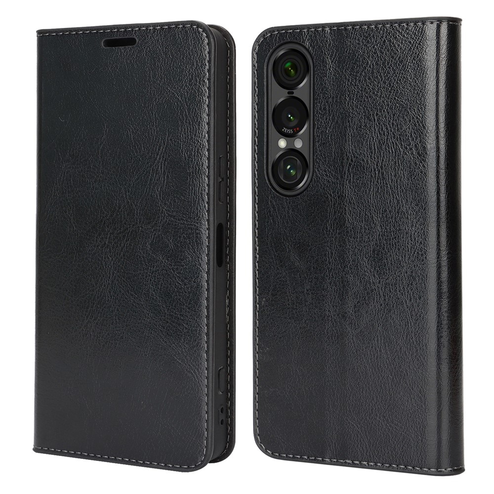 Coque portefeuille en cuir Veritable Sony Xperia 1 VII, Noir