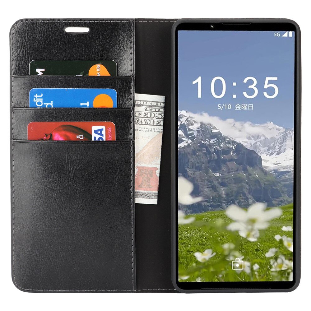 Coque portefeuille en cuir Veritable Sony Xperia 1 VII, Noir