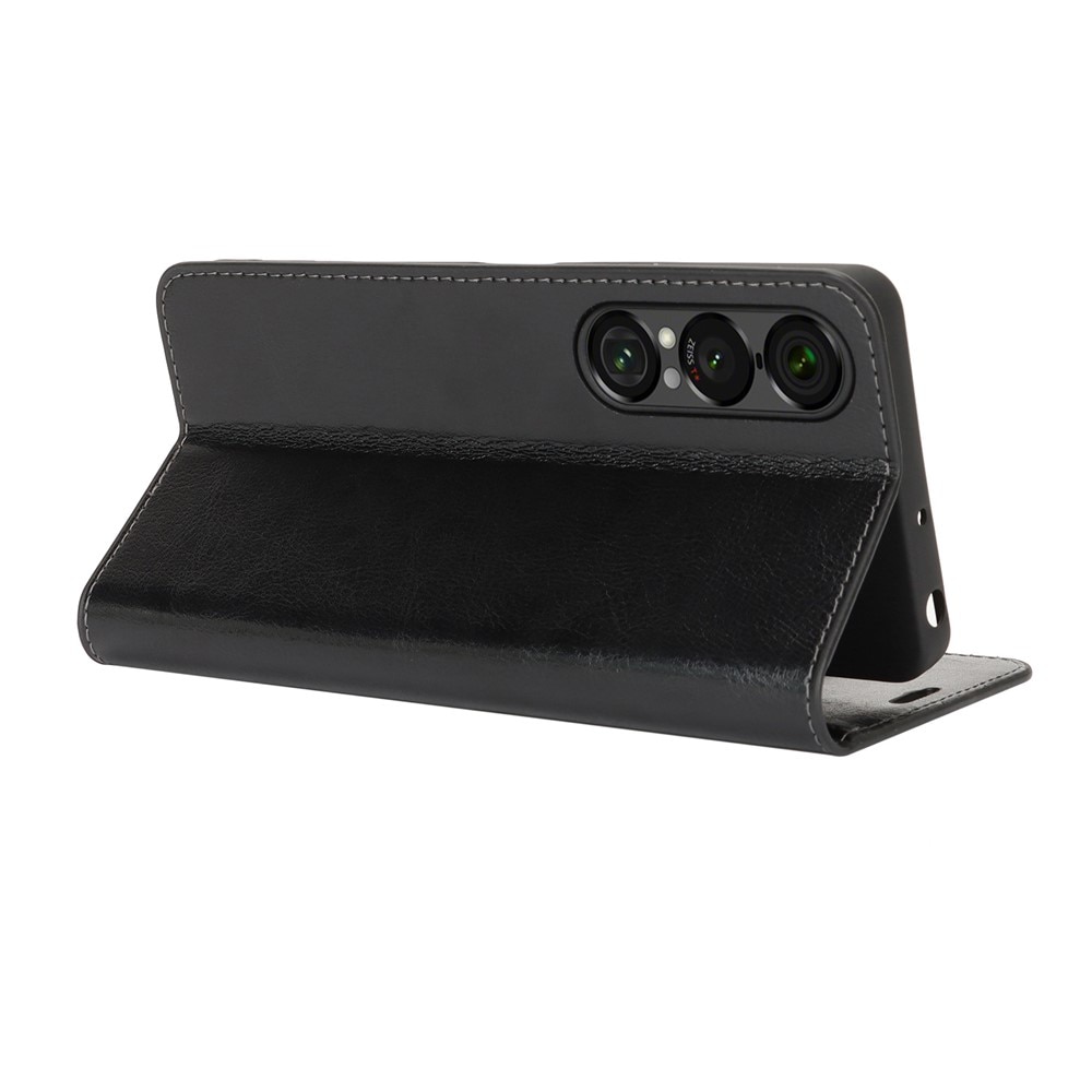 Coque portefeuille en cuir Veritable Sony Xperia 1 VII, Noir