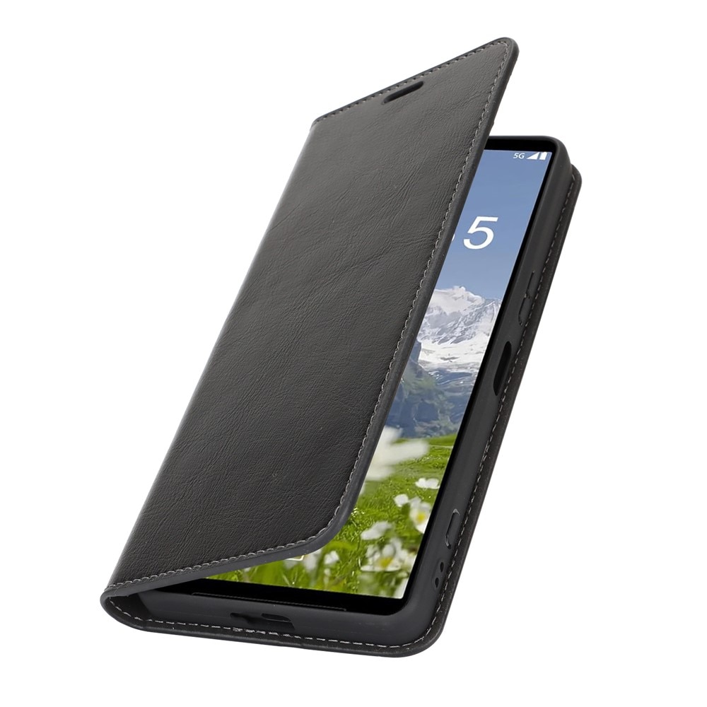 Coque portefeuille en cuir Veritable Sony Xperia 1 VII, Noir