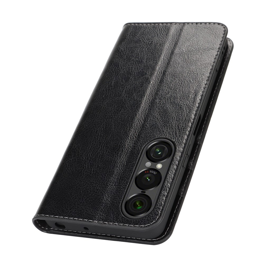Coque portefeuille en cuir Veritable Sony Xperia 1 VII, Noir