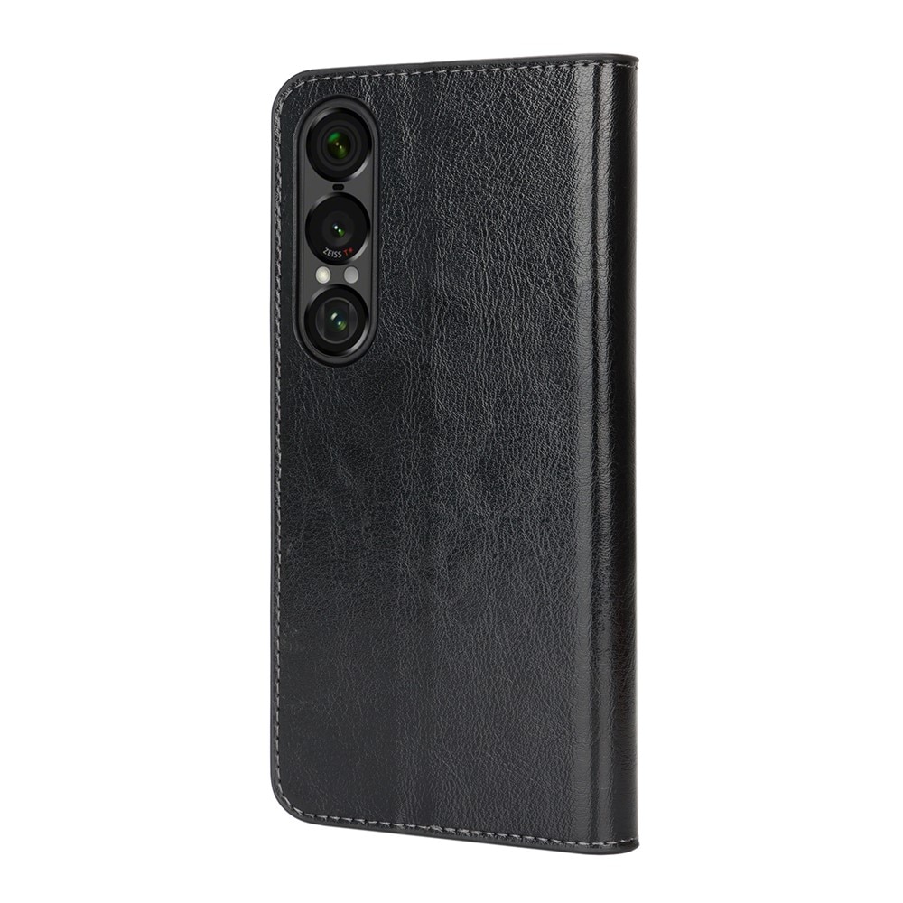 Coque portefeuille en cuir Veritable Sony Xperia 1 VII, Noir