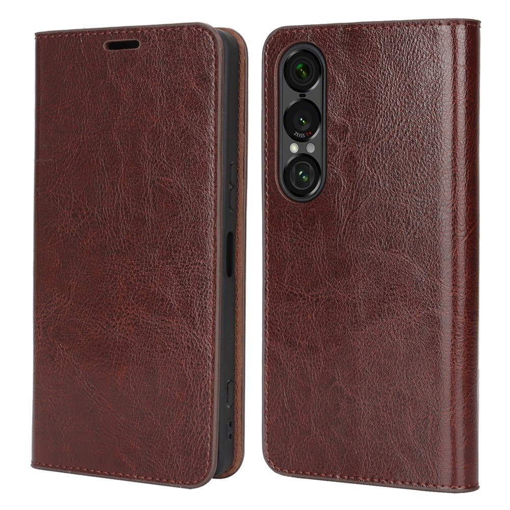 Coque portefeuille en cuir Veritable Sony Xperia 1 VII, Marron foncé