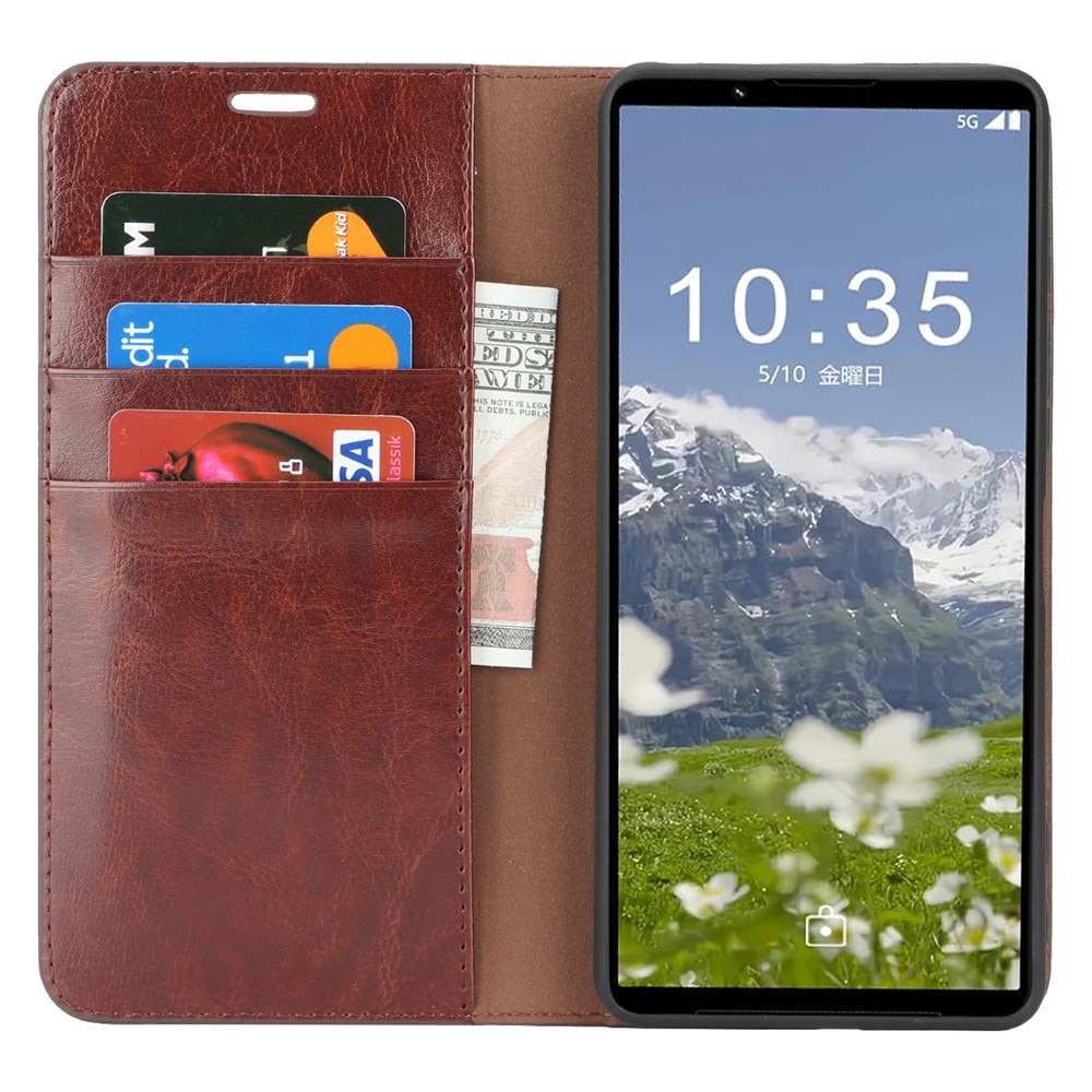 Coque portefeuille en cuir Veritable Sony Xperia 1 VII, Marron foncé