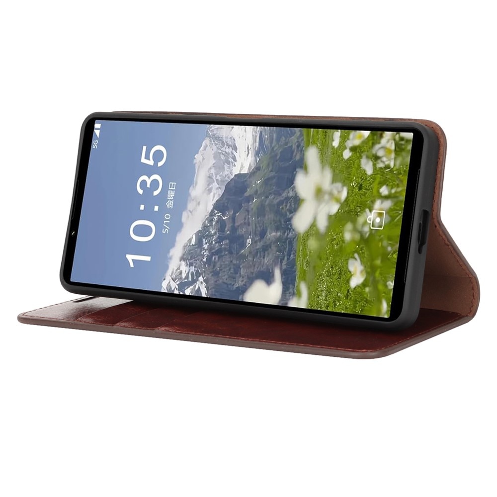 Coque portefeuille en cuir Veritable Sony Xperia 1 VII, Marron foncé