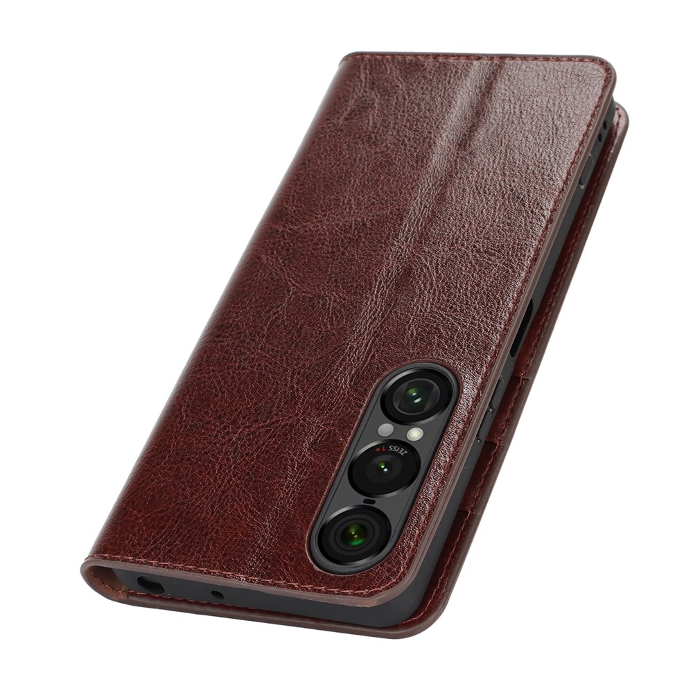 Coque portefeuille en cuir Veritable Sony Xperia 1 VII, Marron foncé