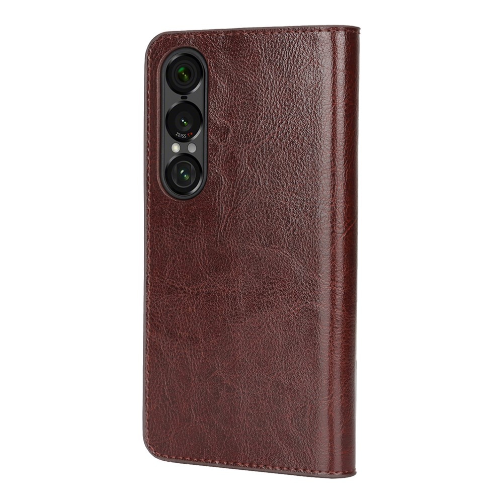 Coque portefeuille en cuir Veritable Sony Xperia 1 VII, Marron foncé