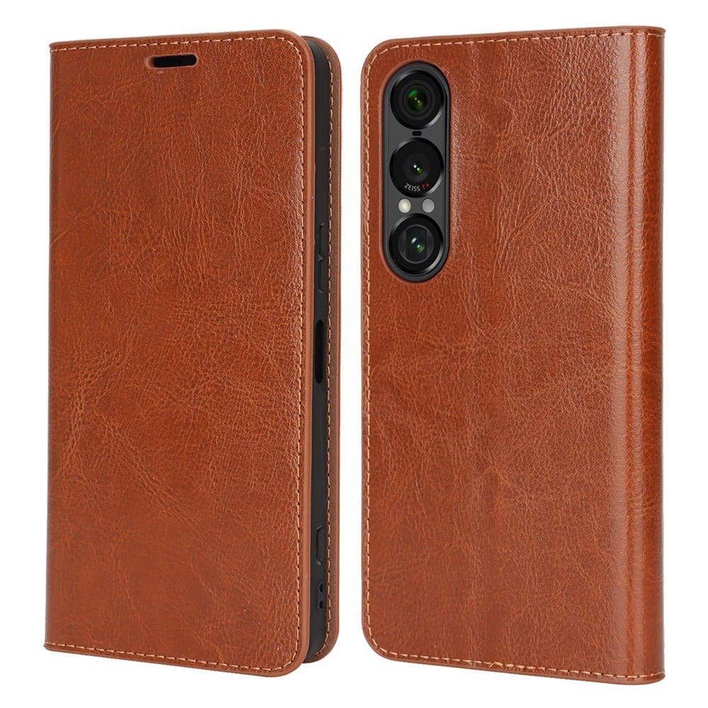Coque portefeuille en cuir Veritable Sony Xperia 1 VII, Marron