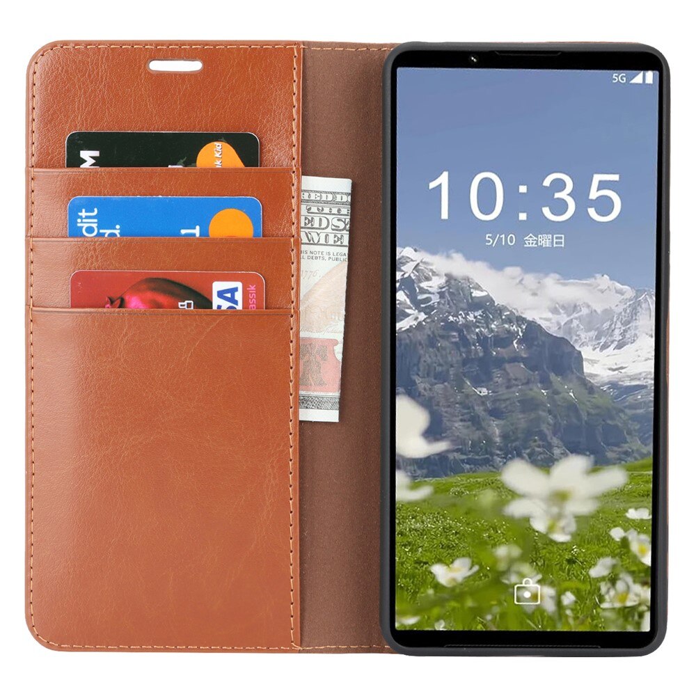 Coque portefeuille en cuir Veritable Sony Xperia 1 VII, Marron